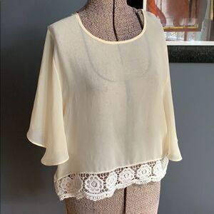 Happening in the Present sheer ivory lace trim top